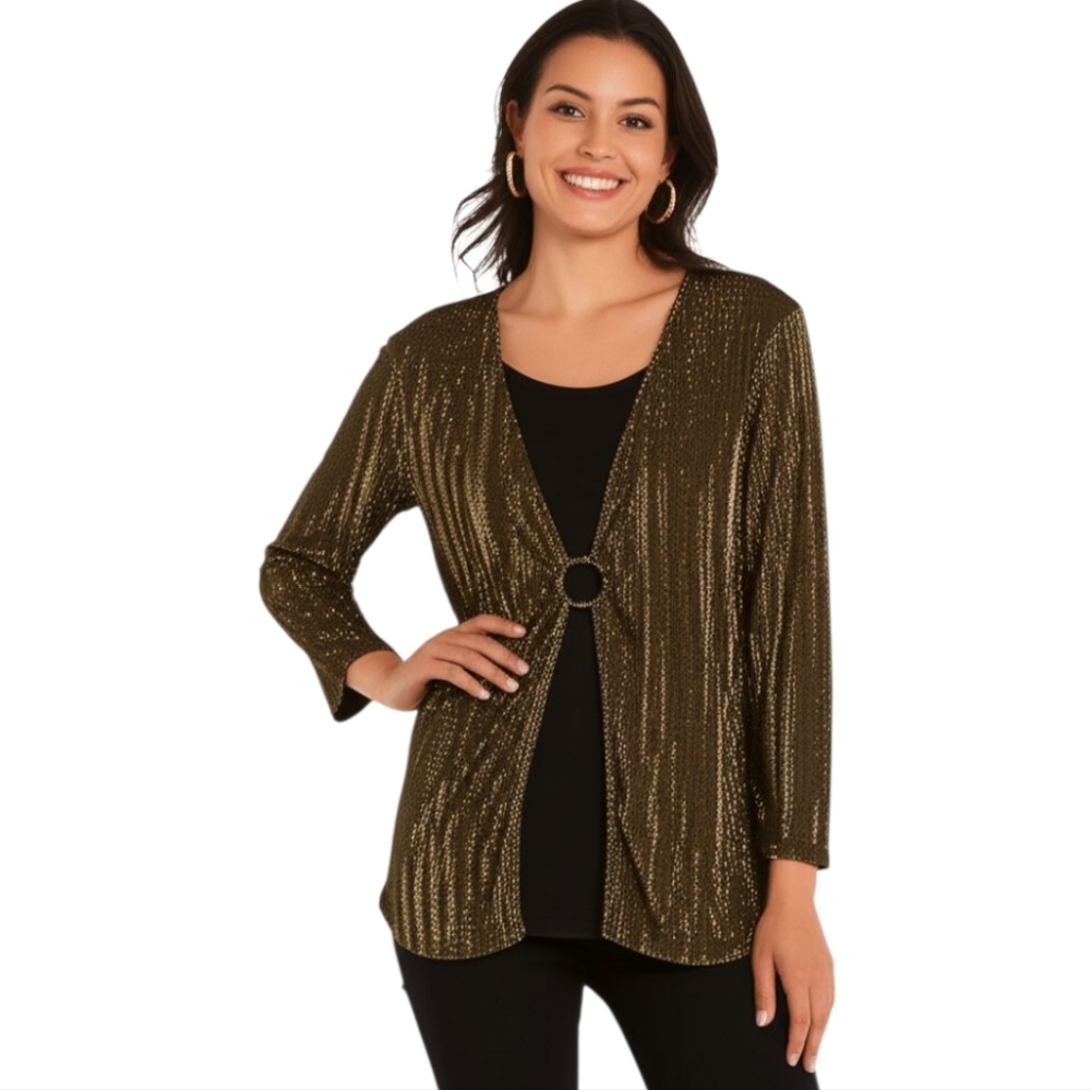 Tradition Metallic Gold‎ & Black Pleated Open Front blouse